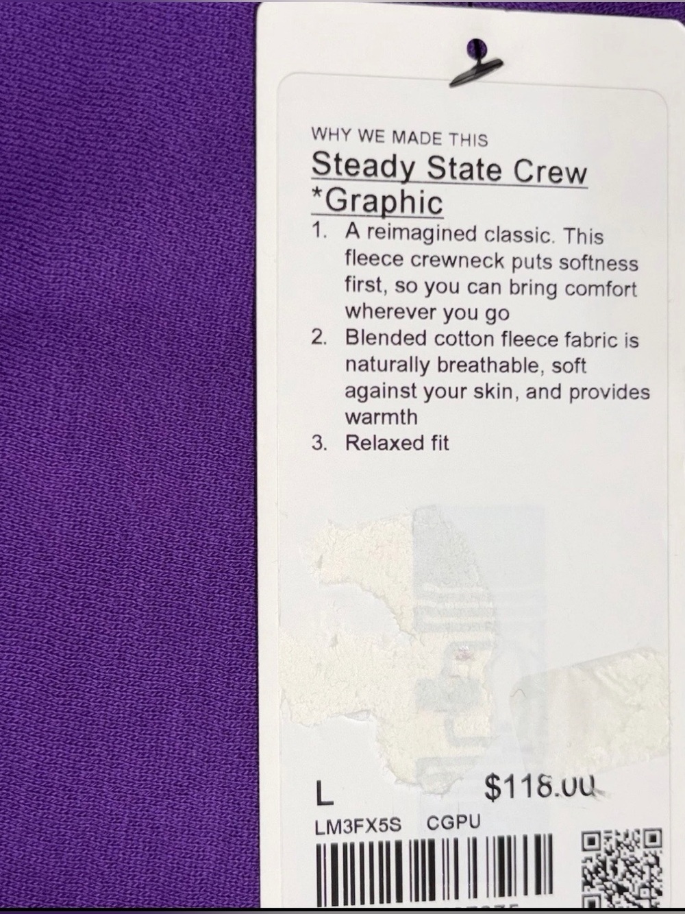 NWT LULULEMON MENS LARGE STEADY STATE CREW SWEATSHIRT*GRAPHIC PURPLE RETAIL $118 - Picture 15 of 15